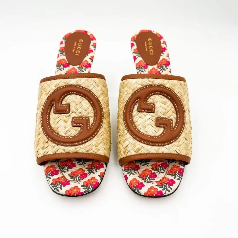 Gucci Mabel GG Logo Raffia Sandals Slip On Mules EU 39.5 US 9.5 - Picture 3 of 11
